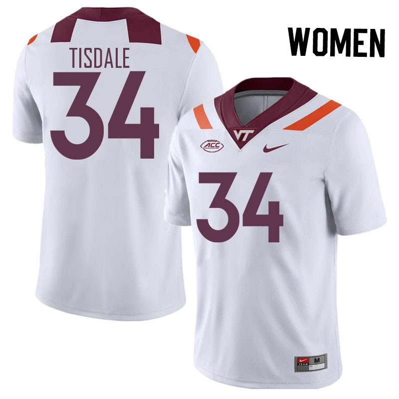 Women #34 Alan Tisdale Virginia Tech Hokies College Football Jerseys Stitched Sale-White - Click Image to Close